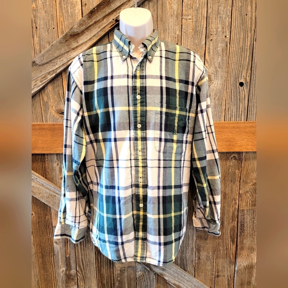 Vintage Nautica Button Long Sleeve Flannel Plaid Shirt Collar Mens L Green ^.